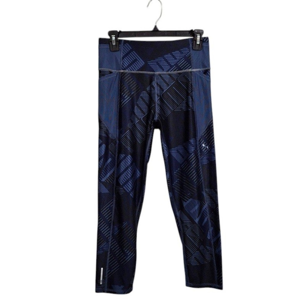 Puma M Leggings Capri Women Blue Black Geometric Side Pockets Mesh Trim Athletic